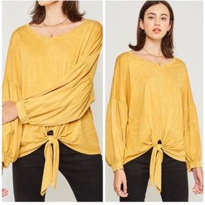 NWT Boho Mustard Yellow Balloon sleeve Oversized Front tie long sleeve top sz S